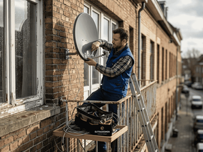 Technician installing satellite dish Belgium apartment