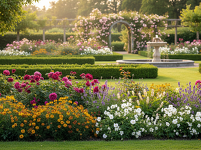 Beautiful garden with lawn, hedges and flowers in Brussels.