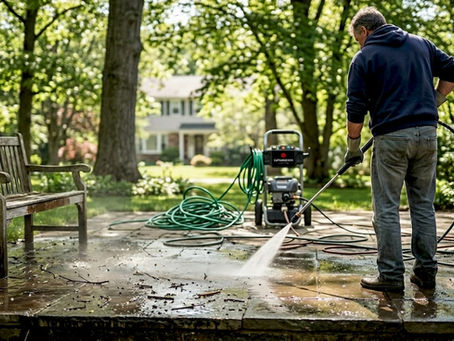 Homeowner pressure washing stone patio outdoors