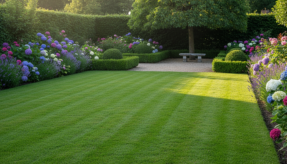 Beautiful garden after being cleaned up showing fresh cut lawn and flowers