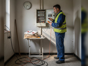 Electrician checking fuse box in Waterloo home