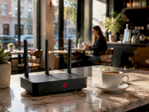Wi-Fi 6 router on wooden shelf in Belgian home