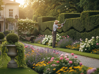 A gardener working on trimming the hedge in a garden in Belgium.