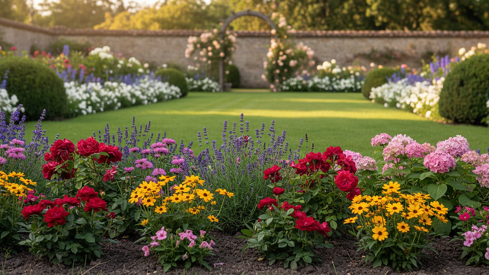 Close-up view of a freshly weeded flowerbed with vibrant flowers