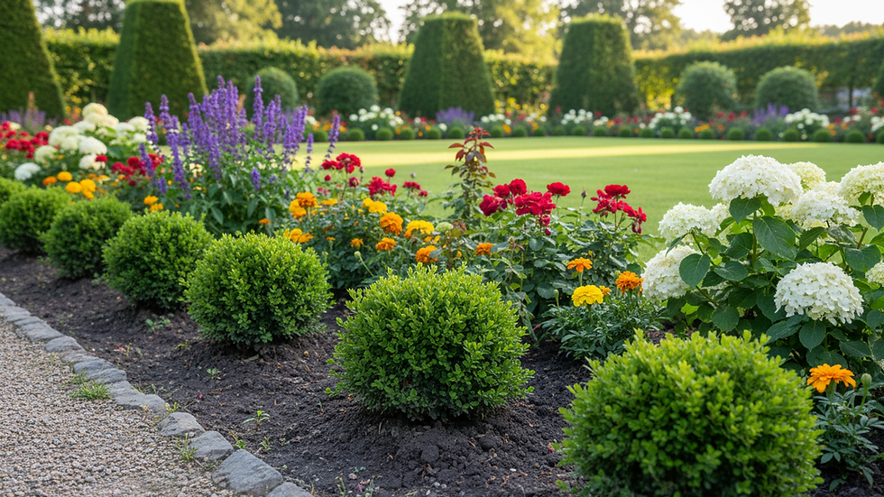 Close-up view of a well-maintained flowerbed with fresh soil and trimmed plants