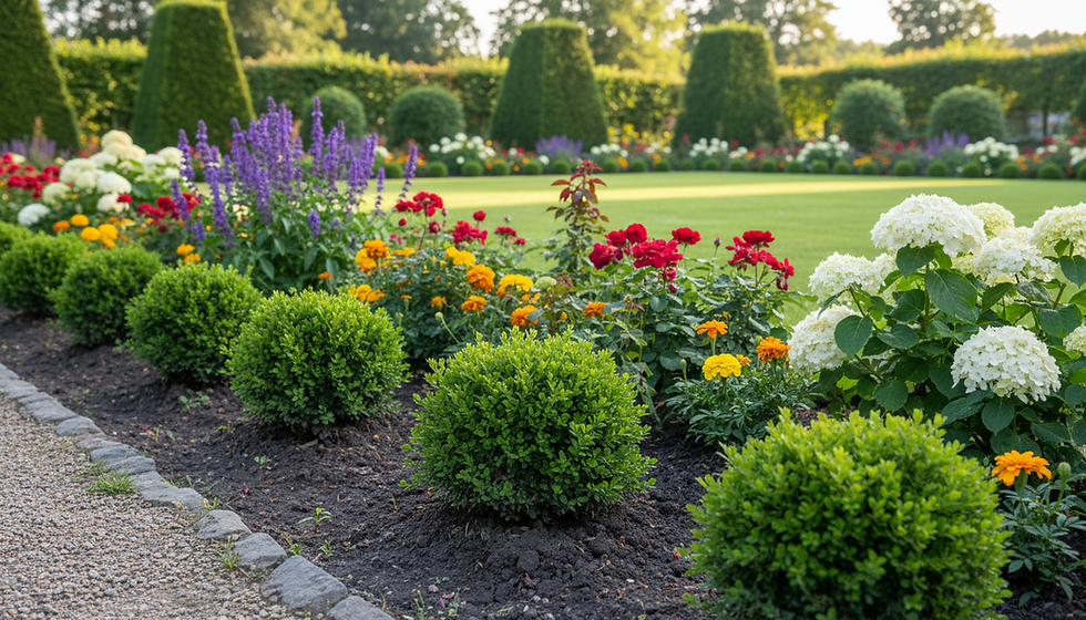 A garden with cut lawn, bushes and blooming flowers in Wezembeek Oppem