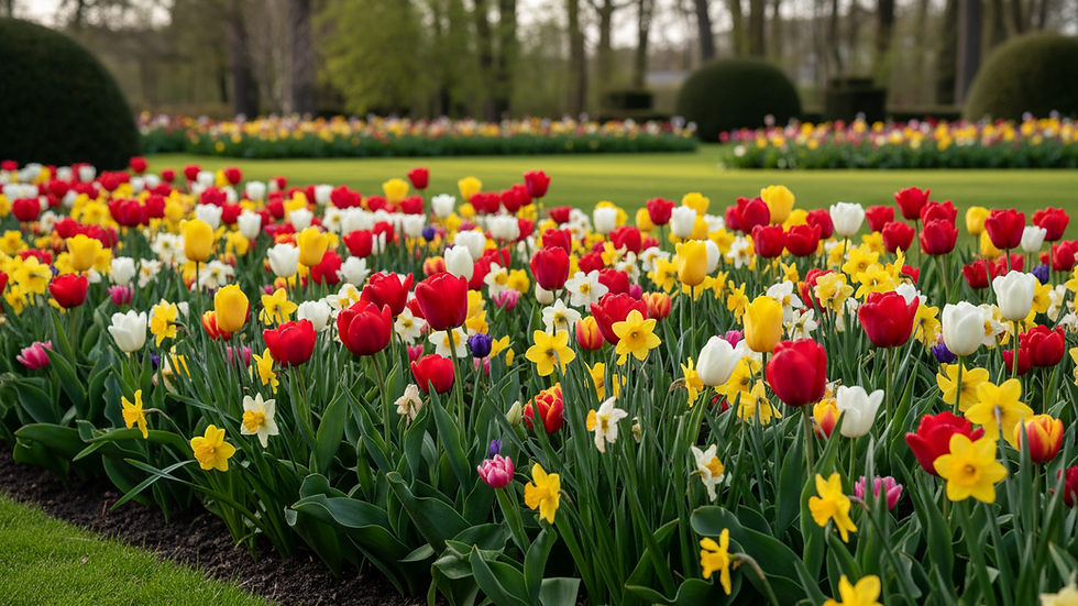 Close-up view of a garden bed with blooming tulips and daffodils