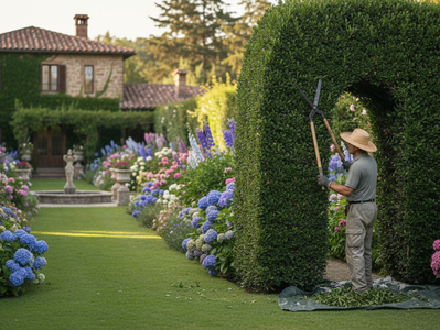 Trimming the hedges in a beautiful garden in Brussels.