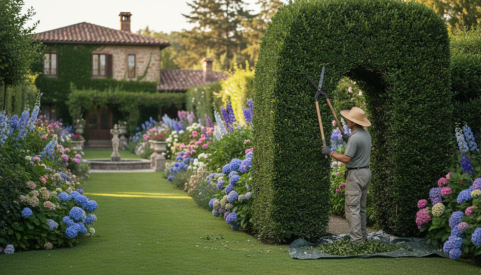 Trimming the hedges in a beautiful garden in Brussels.