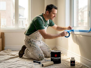 House painter taping trim in sunlit Waterloo home
