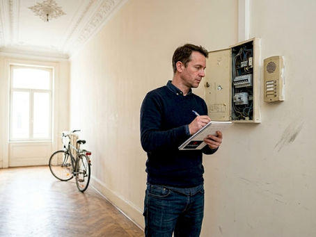 Expat inspecting apartment electrical panel Belgium