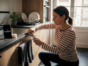 Woman repairing leaking tap in Belgian kitchen