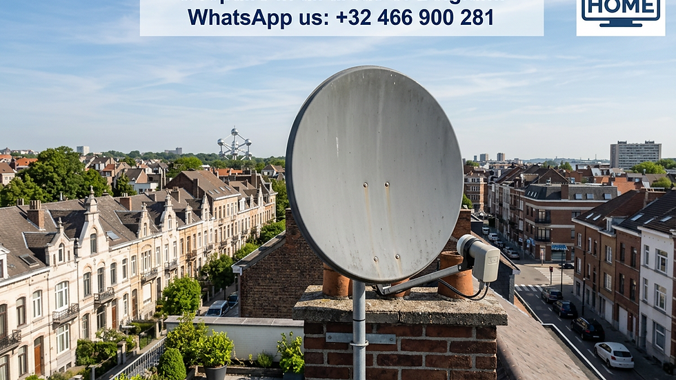 Eye-level view of satellite dish installed on a rooftop in Brussels