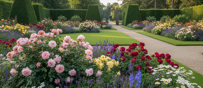 Roses, green lawn and trimmed hedges in an expats garden in Tervuren.