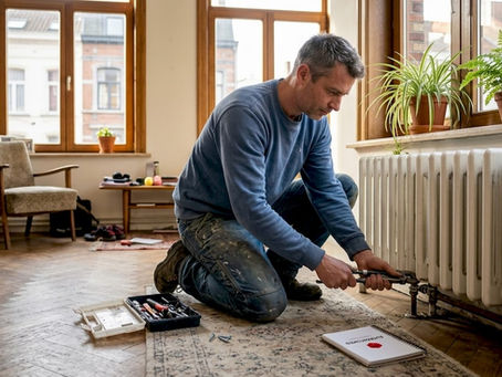 Handyman fixing radiator in Brussels apartment