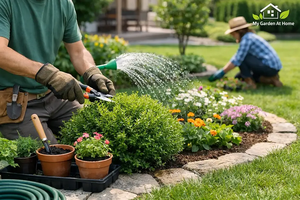 Gardener finishes off planting new plants in a garden in Brussels.