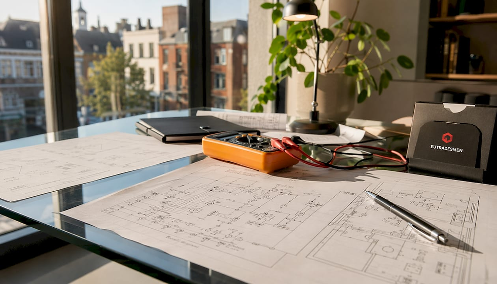 Electrical diagrams and tools on table