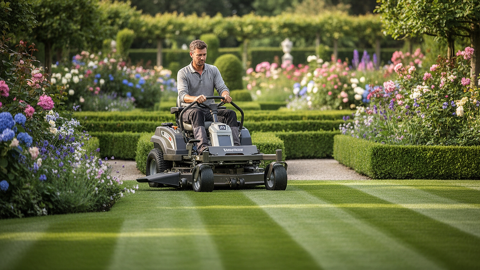 Close-up view of a professional gardener mowing a lawn with a modern mower