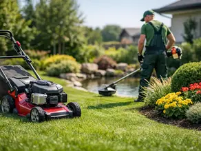 Gardener in Waterloo Belgium finishes off cutting the lawn.