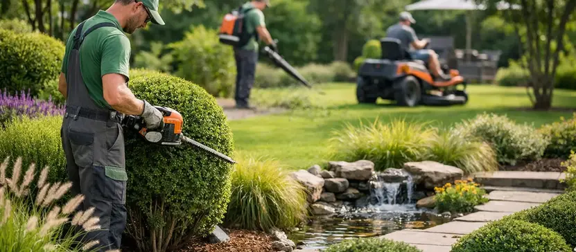 Gardeners tidy up a garden with hedge trimmer and lawn mower