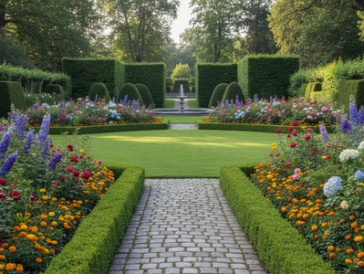 Beautiful flowers and a well kept lawn in an expats garden in Brussels
