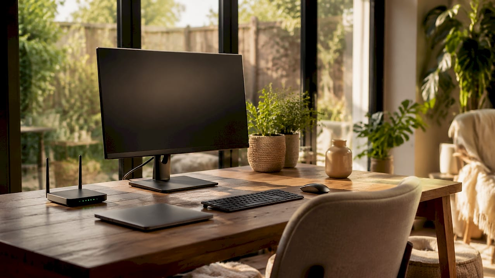 Home office desk with external monitor and router setup