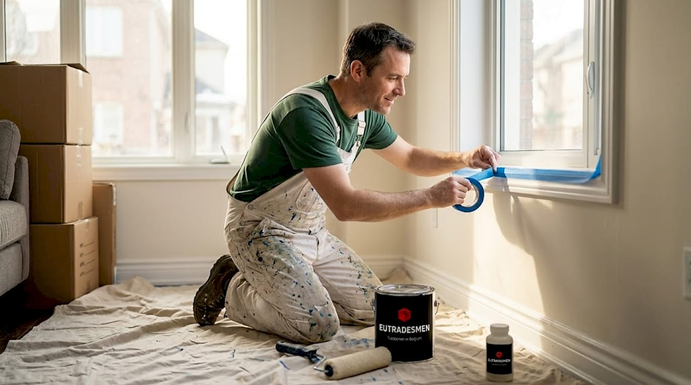 House painter taping trim in sunlit Waterloo home