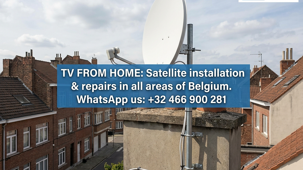 Eye-level view of satellite dish installed on a rooftop in Brussels