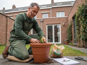 Spanish gardener planting herbs in Brussels backyard