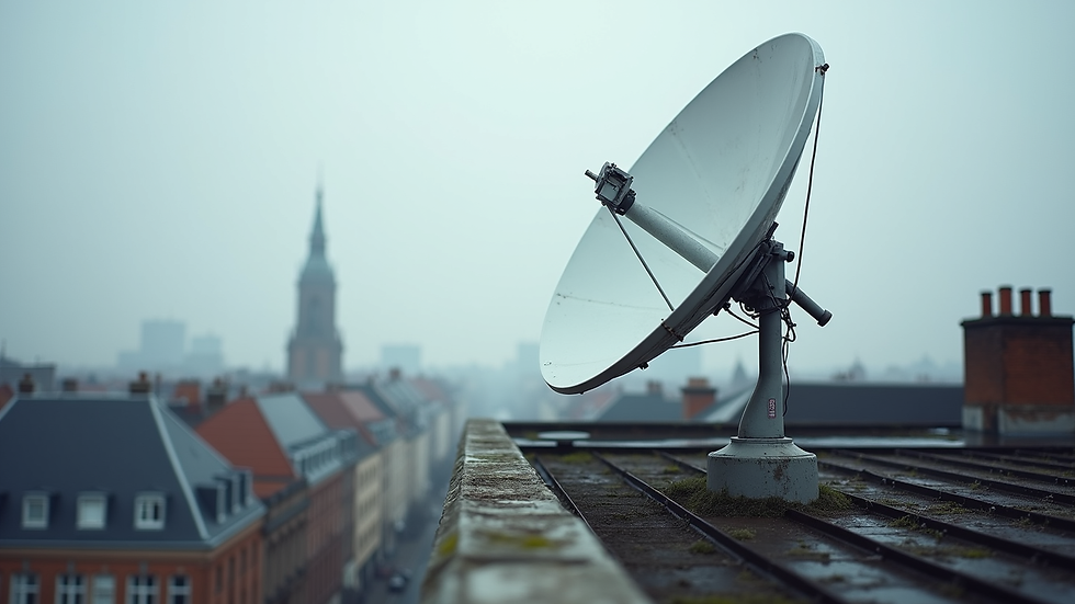 Eye-level view of satellite dish installed on a Brussels rooftop