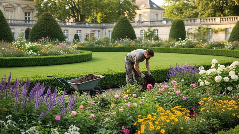 Eye-level view of a gardener mulching a flowerbed in a Brussels garden