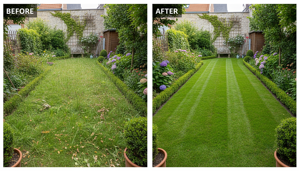 Before and after photo shoiwng how our Garden Fertilising Service works and gives results