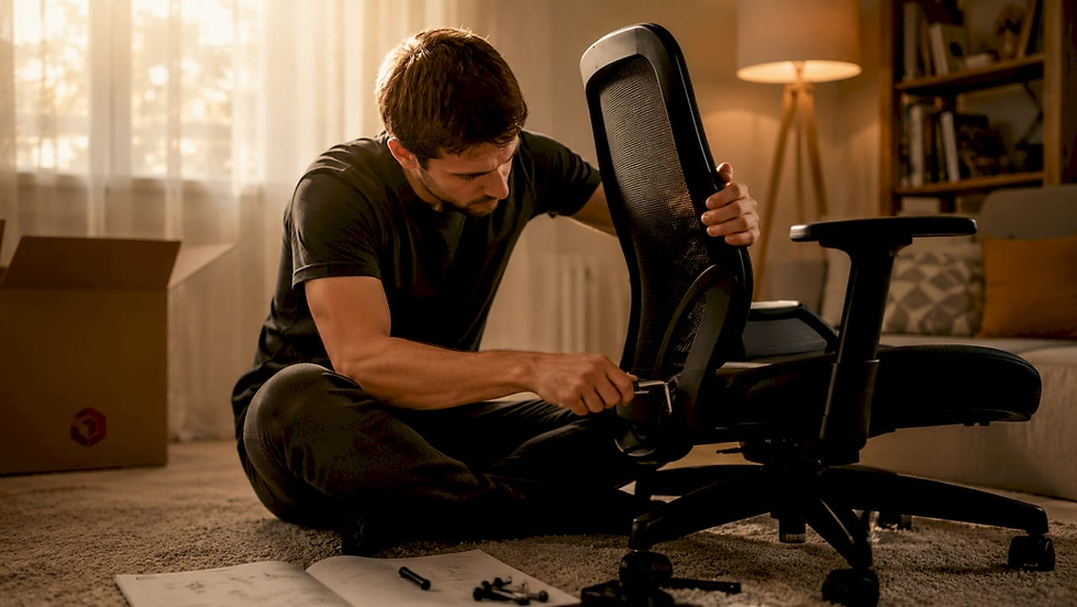 Hands assembling ergonomic office chair indoors