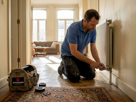 Handyman fixing pipe in Brussels apartment hallway