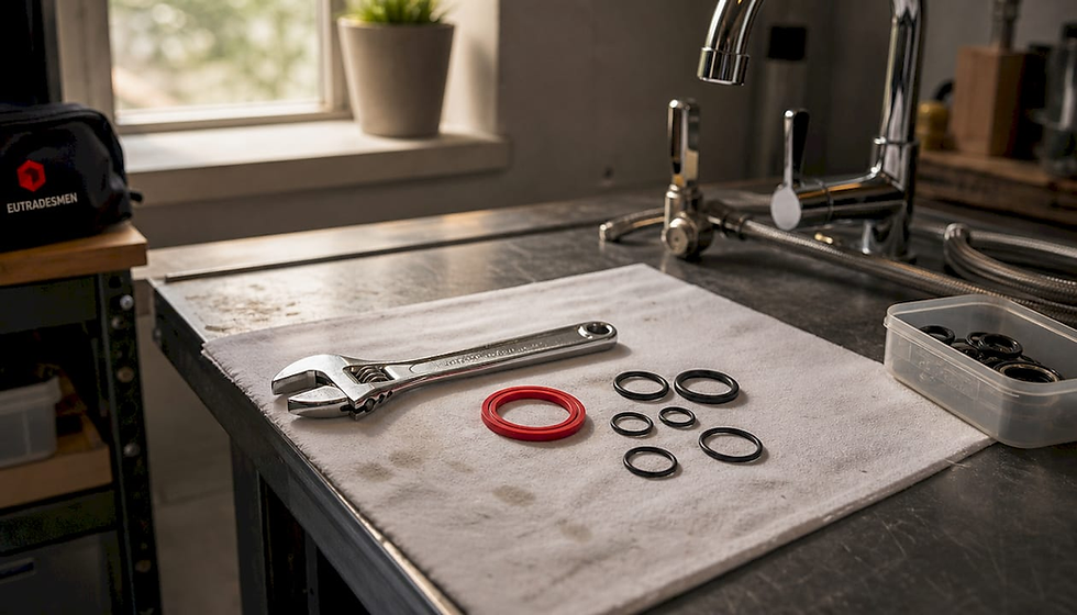 Kitchen tap repair tools and parts laid out on bench