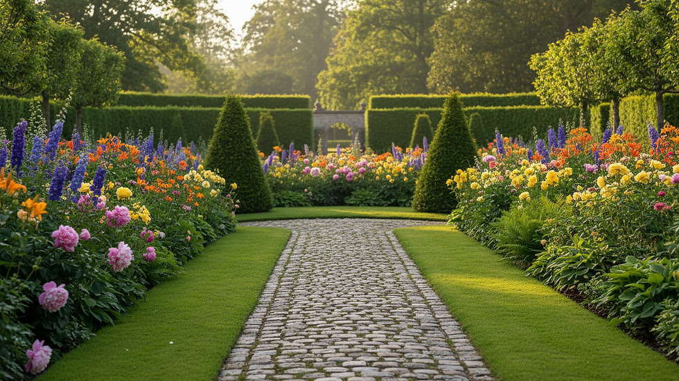 Eye-level view of a well-maintained garden pathway with colorful flowers