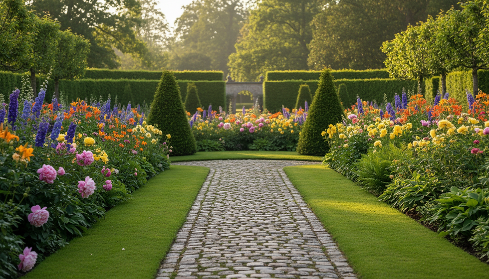 Garden path between cut lawn, flowers and hedges