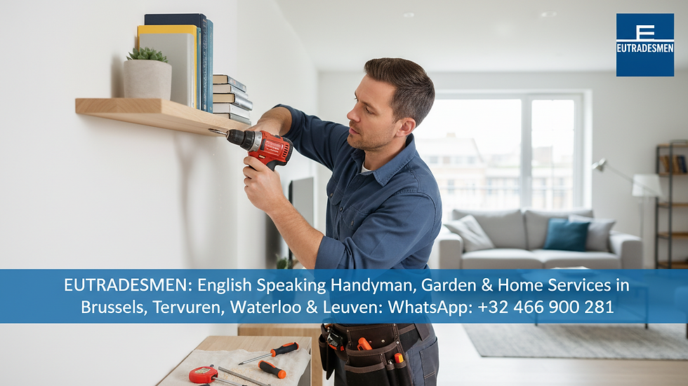 Close-up view of a handyman using a drill to fix a wooden shelf