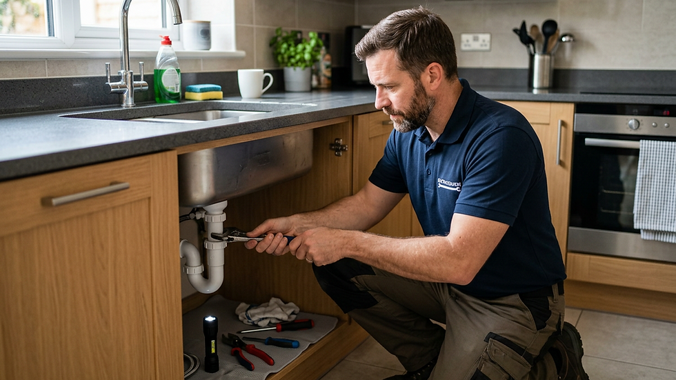 Eye-level view of a handyman fixing a kitchen sink in a modern home