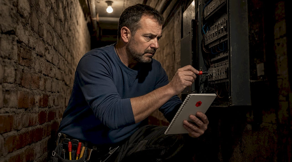 Tradesman inspecting electrical fuse box in hallway