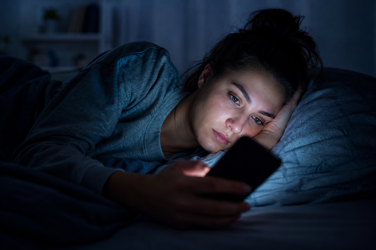 Donna che guarda lo smartphone di notte durante un episodio di doom scrolling, con affaticamento mentale e difficoltà a staccarsi dallo schermo