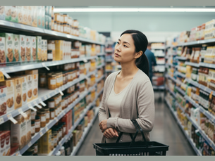 Persona adulta davanti a molte alternative in un supermercato, in un momento di indecisione: immagine sullo stress decisionale e il sovraccarico di scelte.