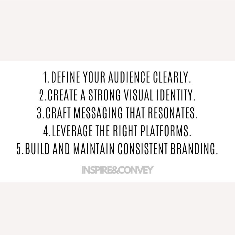 Text on white background lists branding strategies: define audience, create identity, craft messaging, leverage platforms, maintain branding.
