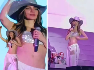 Belinda sufre descuido en concierto y bromea con el público