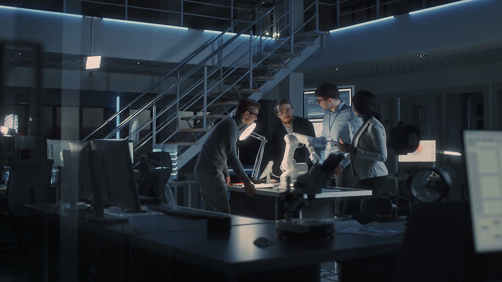 Robotics Engineers Examines a Robotic Arm at a Central Workstation, Discussing Technical R