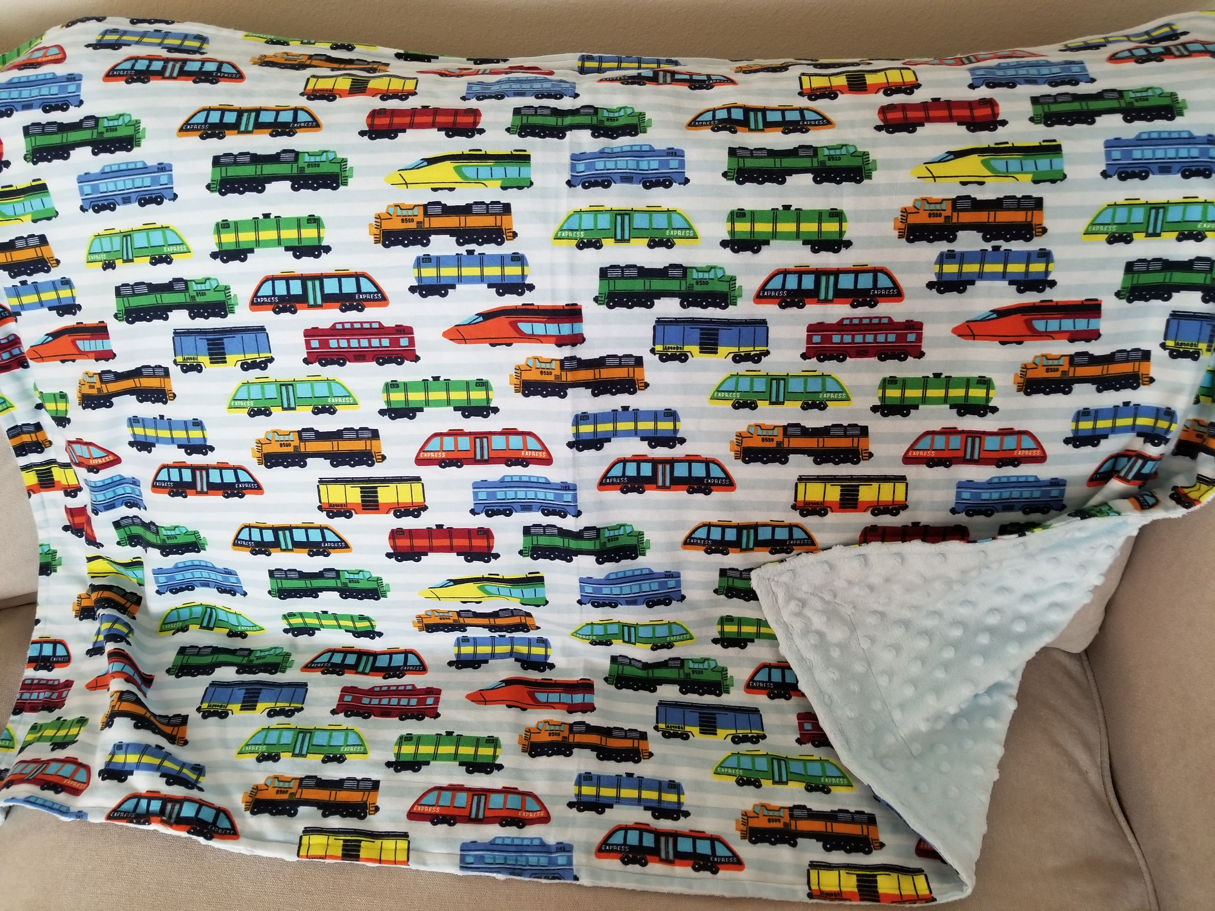 Train Flannel with Baby Blue Minky Dot