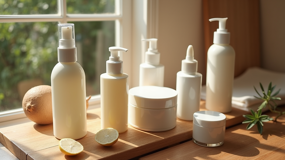 High angle view of a wooden table with various organic skincare products
