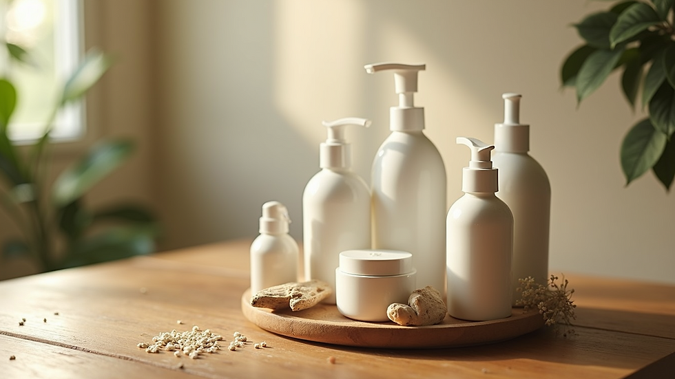 High angle view of natural skincare products arranged on wooden table