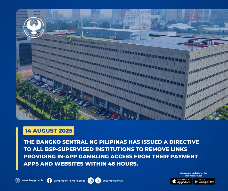 The BSP directive is issued in light of the surge in online gambling transactions and its impact on the financial health of consumers and their families, and considering the broader social cost. The suspension will remain in place until the BSP finalizes the policy on online gambling payment services.