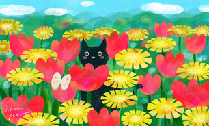 藍原はちのイラスト。花畑の中の猫の絵